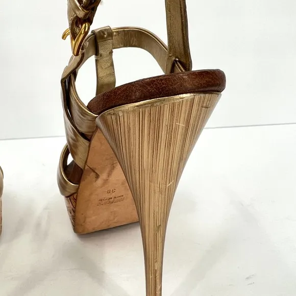 MIU MIU Shoes Womens 39 Gold Brushed Metal Leather Cork Platform Heeled Sandal