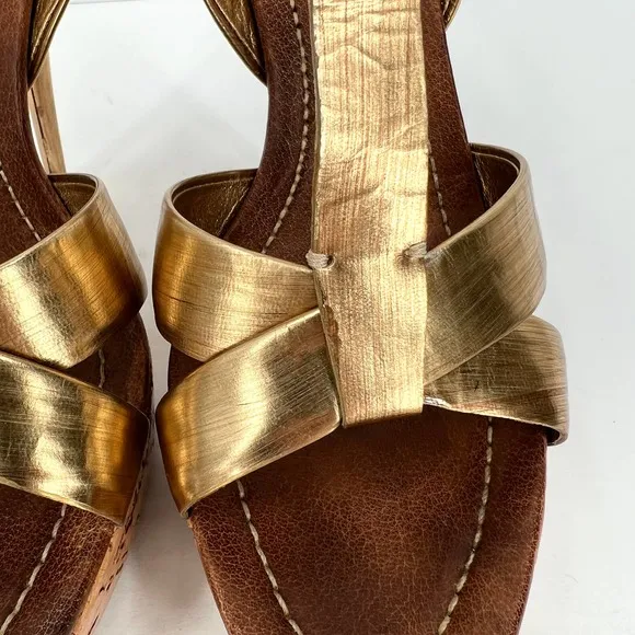 MIU MIU Shoes Womens 39 Gold Brushed Metal Leather Cork Platform Heeled Sandal