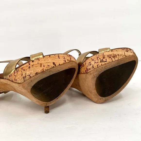 MIU MIU Shoes Womens 39 Gold Brushed Metal Leather Cork Platform Heeled Sandal