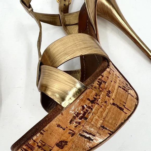 MIU MIU Shoes Womens 39 Gold Brushed Metal Leather Cork Platform Heeled Sandal