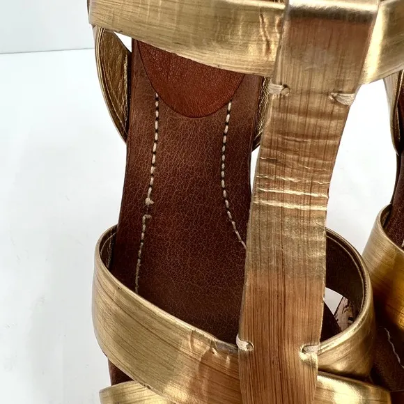 MIU MIU Shoes Womens 39 Gold Brushed Metal Leather Cork Platform Heeled Sandal
