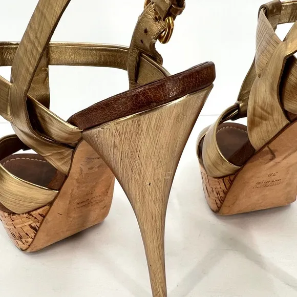 MIU MIU Shoes Womens 39 Gold Brushed Metal Leather Cork Platform Heeled Sandal