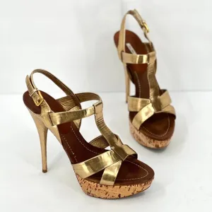 MIU MIU Shoes Womens 39 Gold Brushed Metal Leather Cork Platform Heeled Sandal