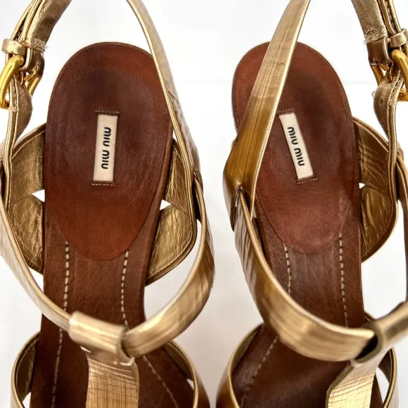 MIU MIU Shoes Womens 39 Gold Brushed Metal Leather Cork Platform Heeled Sandal