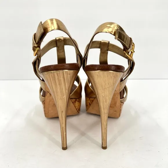 MIU MIU Shoes Womens 39 Gold Brushed Metal Leather Cork Platform Heeled Sandal