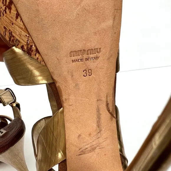 MIU MIU Shoes Womens 39 Gold Brushed Metal Leather Cork Platform Heeled Sandal