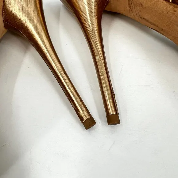 MIU MIU Shoes Womens 39 Gold Brushed Metal Leather Cork Platform Heeled Sandal