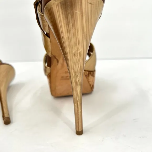 MIU MIU Shoes Womens 39 Gold Brushed Metal Leather Cork Platform Heeled Sandal