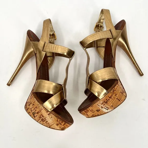 MIU MIU Shoes Womens 39 Gold Brushed Metal Leather Cork Platform Heeled Sandal