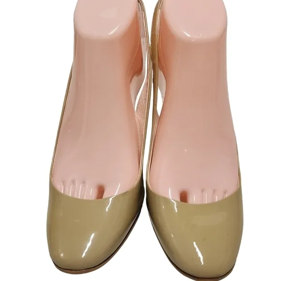 Miu Miu Tan Patent Leather   Gold Abstract Futuristic Sling Back Heels Size 39