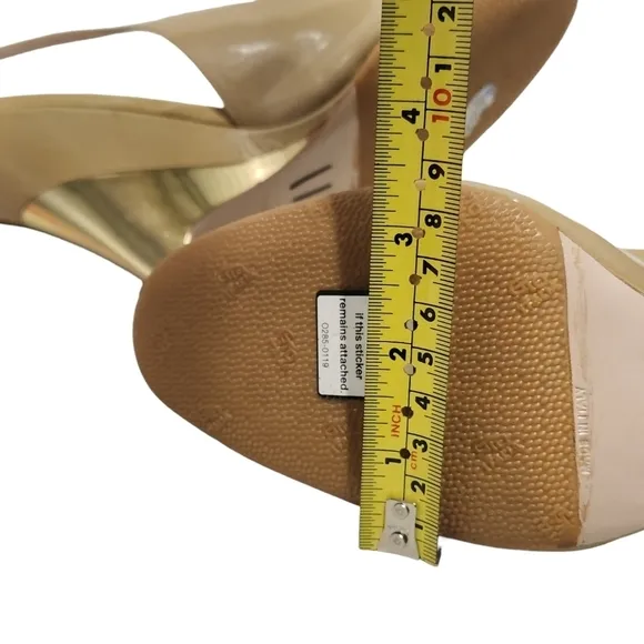 Miu Miu Tan Patent Leather   Gold Abstract Futuristic Sling Back Heels Size 39