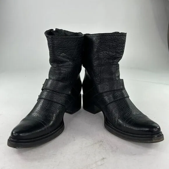 Miu Miu Womens Mid-Caf Black Pebble Leather Moto boots US 7 Double Buckle Bootie