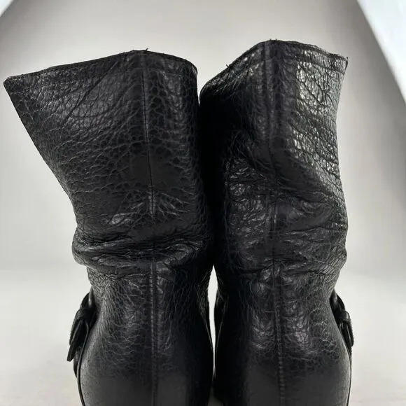 Miu Miu Womens Mid-Caf Black Pebble Leather Moto boots US 7 Double Buckle Bootie