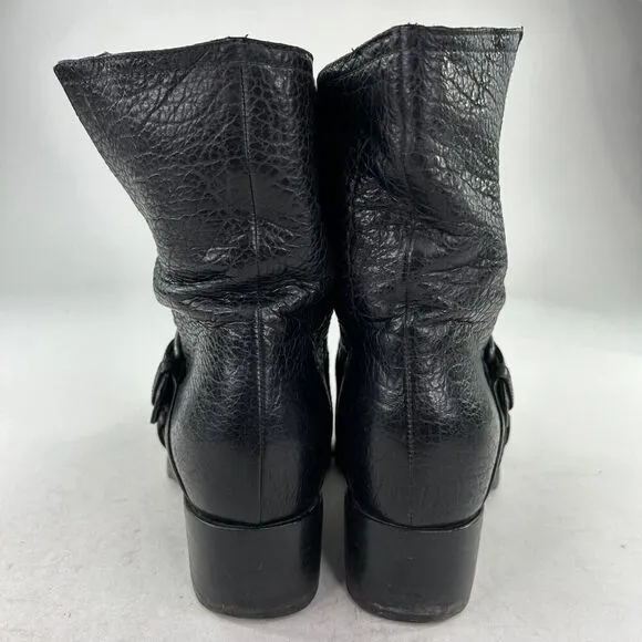 Miu Miu Womens Mid-Caf Black Pebble Leather Moto boots US 7 Double Buckle Bootie
