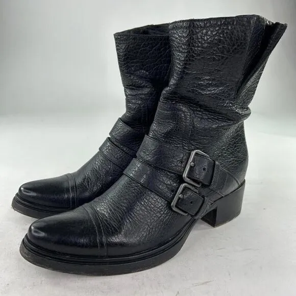 Miu Miu Womens Mid-Caf Black Pebble Leather Moto boots US 7 Double Buckle Bootie