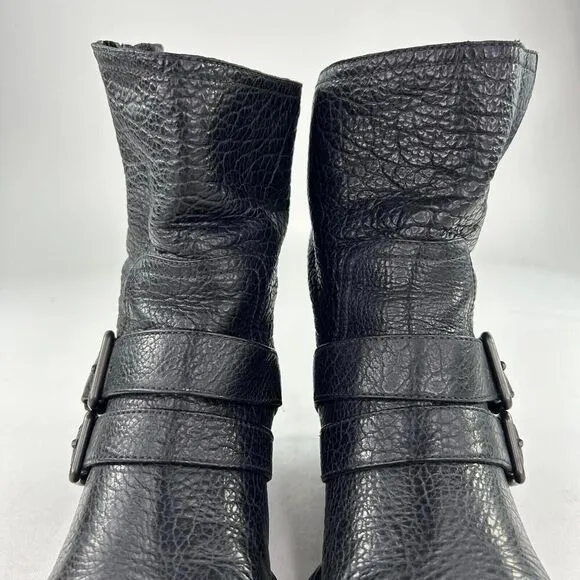 Miu Miu Womens Mid-Caf Black Pebble Leather Moto boots US 7 Double Buckle Bootie