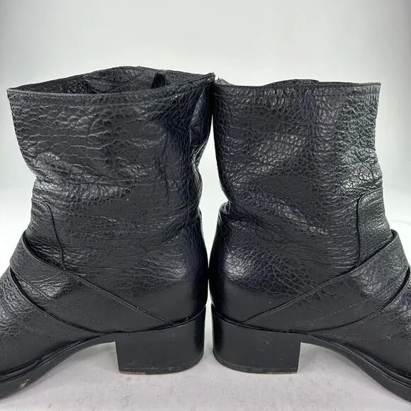 Miu Miu Womens Mid-Caf Black Pebble Leather Moto boots US 7 Double Buckle Bootie