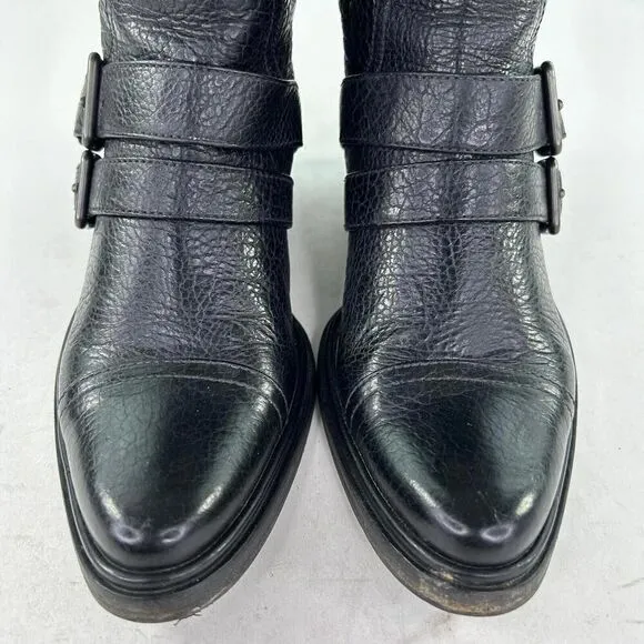 Miu Miu Womens Mid-Caf Black Pebble Leather Moto boots US 7 Double Buckle Bootie