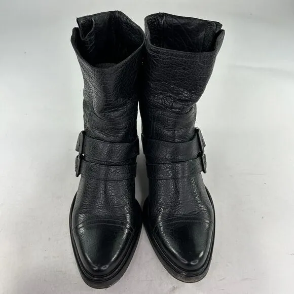 Miu Miu Womens Mid-Caf Black Pebble Leather Moto boots US 7 Double Buckle Bootie