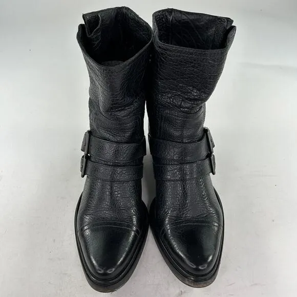 Miu Miu Womens Mid-Caf Black Pebble Leather Moto boots US 7 Double Buckle Bootie
