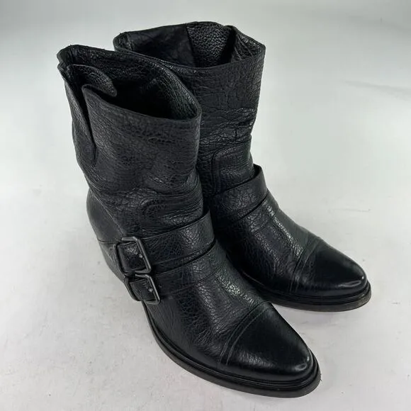 Miu Miu Womens Mid-Caf Black Pebble Leather Moto boots US 7 Double Buckle Bootie