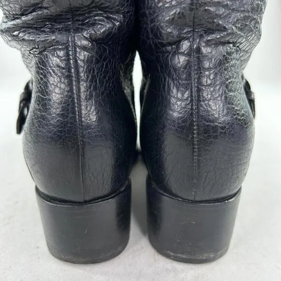Miu Miu Womens Mid-Caf Black Pebble Leather Moto boots US 7 Double Buckle Bootie