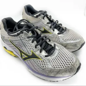 Mizuno WOMEN'S WAVE RIDER 15 Running Shoes, White/Silver/Yellow/Black Size 10