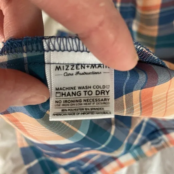 Mizzen   Main Orange Blue Square Print Long Sleeve Slim Fit Shirt Size Small