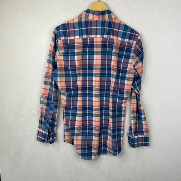 Mizzen   Main Orange Blue Square Print Long Sleeve Slim Fit Shirt Size Small