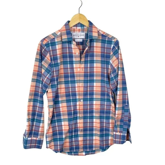 Mizzen   Main Orange Blue Square Print Long Sleeve Slim Fit Shirt Size Small