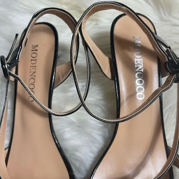 MODENCOCO Black Patent Dress Fashion Open Toe Ankle Strap Strappy Buckle SZ11
