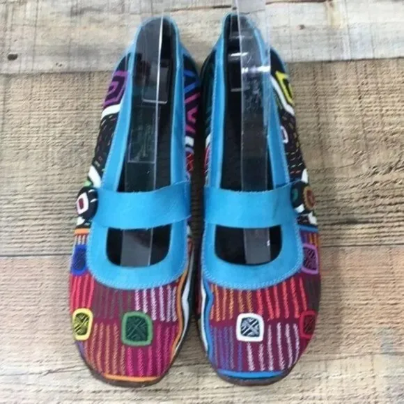 Molas4u Blue Mary Jane Shoes Geo Print‎ Ballet Flats Womens 39 Comfort Slip On