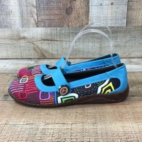 Molas4u Blue Mary Jane Shoes Geo Print‎ Ballet Flats Womens 39 Comfort Slip On