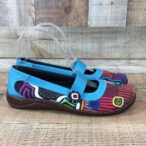 Molas4u Blue Mary Jane Shoes Geo Print‎ Ballet Flats Womens 39 Comfort Slip On