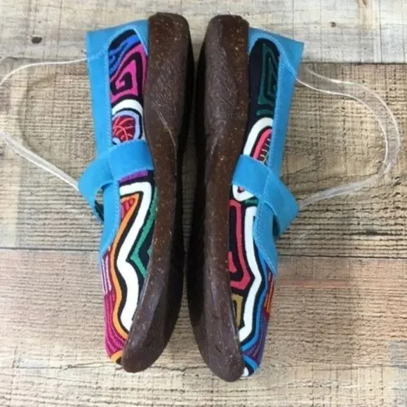 Molas4u Blue Mary Jane Shoes Geo Print‎ Ballet Flats Womens 39 Comfort Slip On
