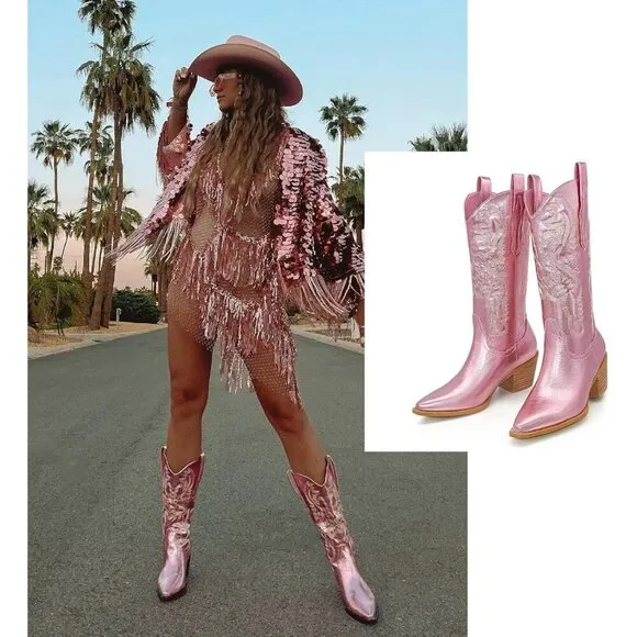 Mucccute Cowboy Boots Women Pink Faux Leather Western Chunky Heel Wide-calf Boot