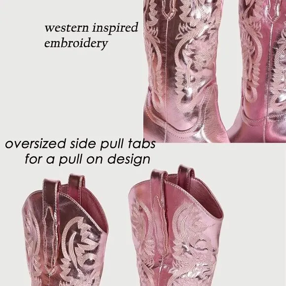 Mucccute Cowboy Boots Women Pink Faux Leather Western Chunky Heel Wide-calf Boot