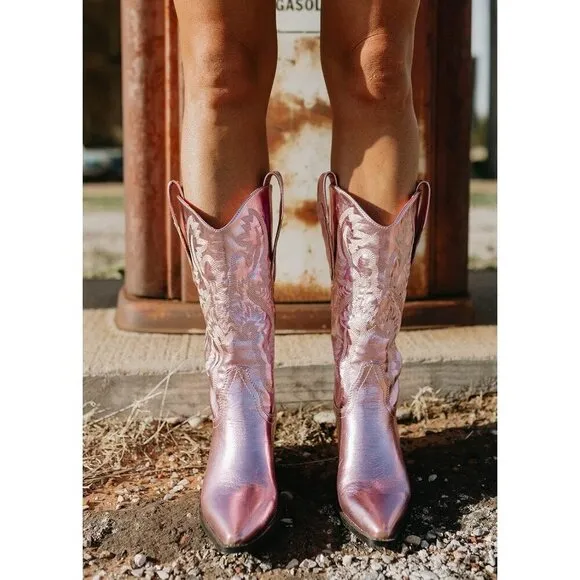 Mucccute Cowboy Boots Women Pink Faux Leather Western Chunky Heel Wide-calf Boot