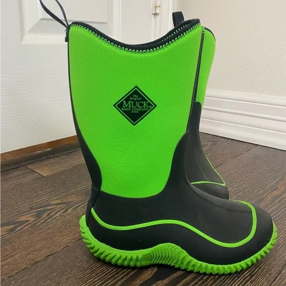 MUCK BOOTS COMPANY YOUTH KIDS NEON GREEN BLACK STURDY BOOTS SIZE 13 EU 30 EUC