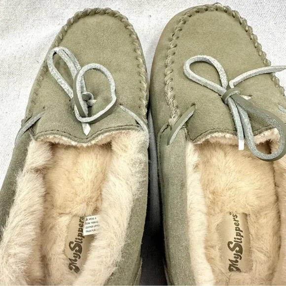 MySlipper by MyPillow moccasin slippers faux fur lining olive green mens size 8