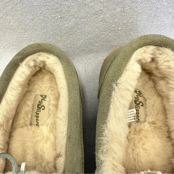 MySlipper by MyPillow moccasin slippers faux fur lining olive green mens size 8