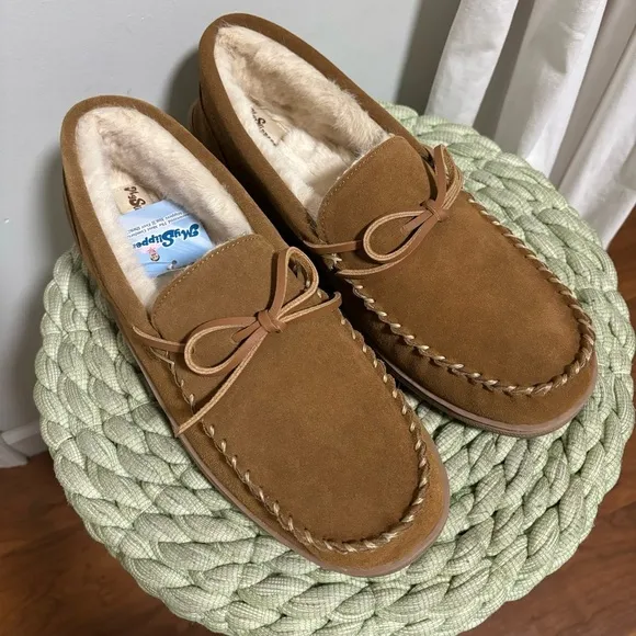 MySlipper Men's Moccasin Slippers By:MyPillow Chestnut Brown Suede Faux Fur NWT
