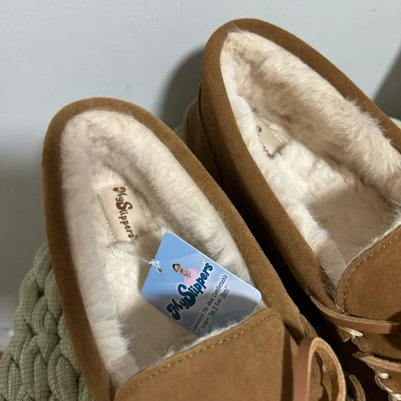 MySlipper Men's Moccasin Slippers By:MyPillow Chestnut Brown Suede Faux Fur NWT