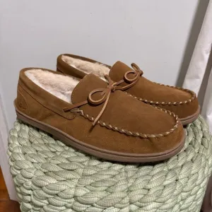 MySlipper Men's Moccasin Slippers By:MyPillow Chestnut Brown Suede Faux Fur NWT