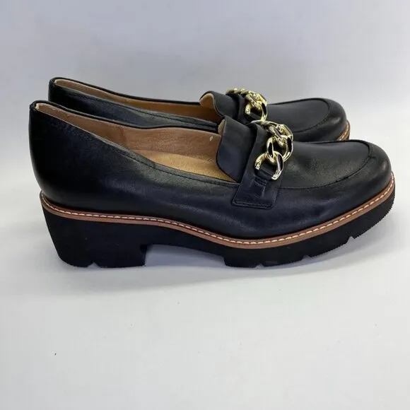 Naturalizer Desi Loafer  Size 9W in Black Chunky Black Heel Gold Chain Trim