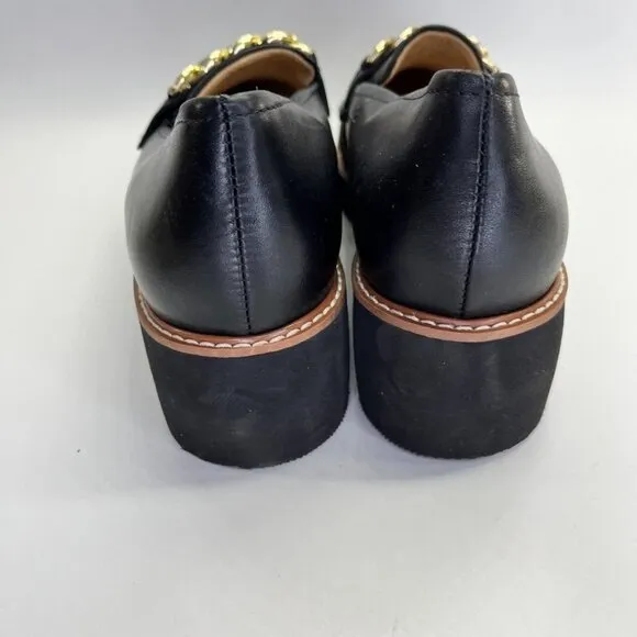 Naturalizer Desi Loafer  Size 9W in Black Chunky Black Heel Gold Chain Trim