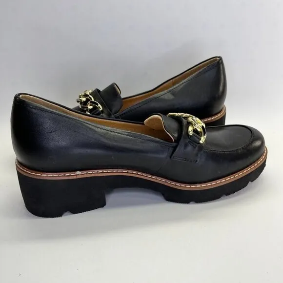 Naturalizer Desi Loafer  Size 9W in Black Chunky Black Heel Gold Chain Trim