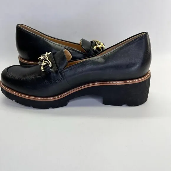 Naturalizer Desi Loafer  Size 9W in Black Chunky Black Heel Gold Chain Trim