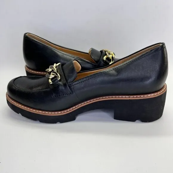 Naturalizer Desi Loafer  Size 9W in Black Chunky Black Heel Gold Chain Trim