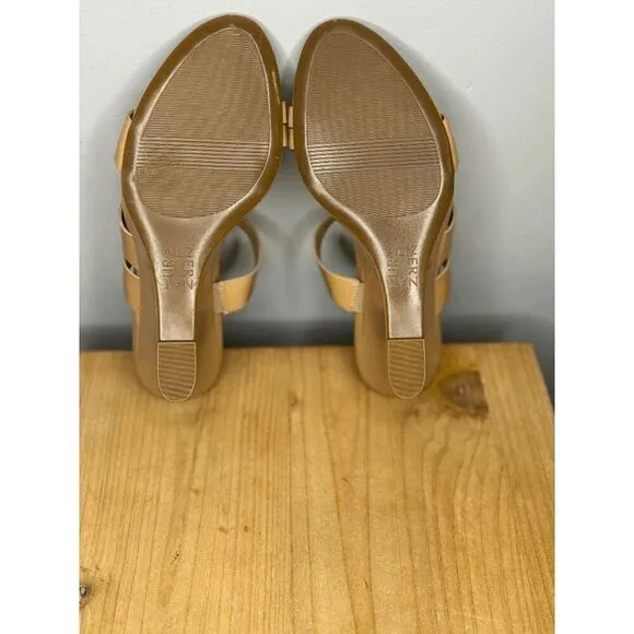 Naturalizer Women's Breona Wedge Patent Mid Heel Dress Sandal Taupe Size 6M